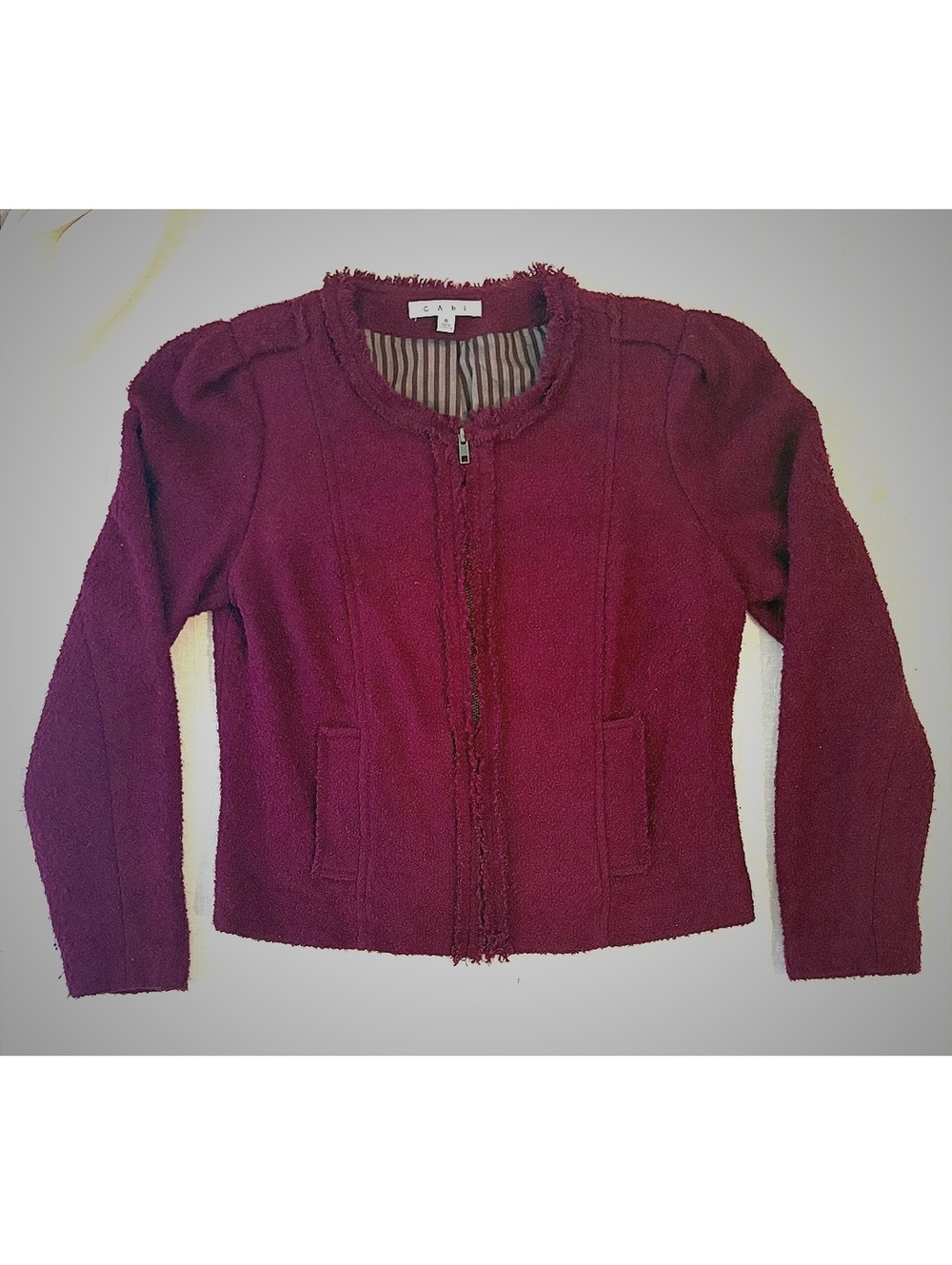 Interview Cabi Women's Burgundy Red Frayed Edge Zip Blazer Size 8 #fallfashion